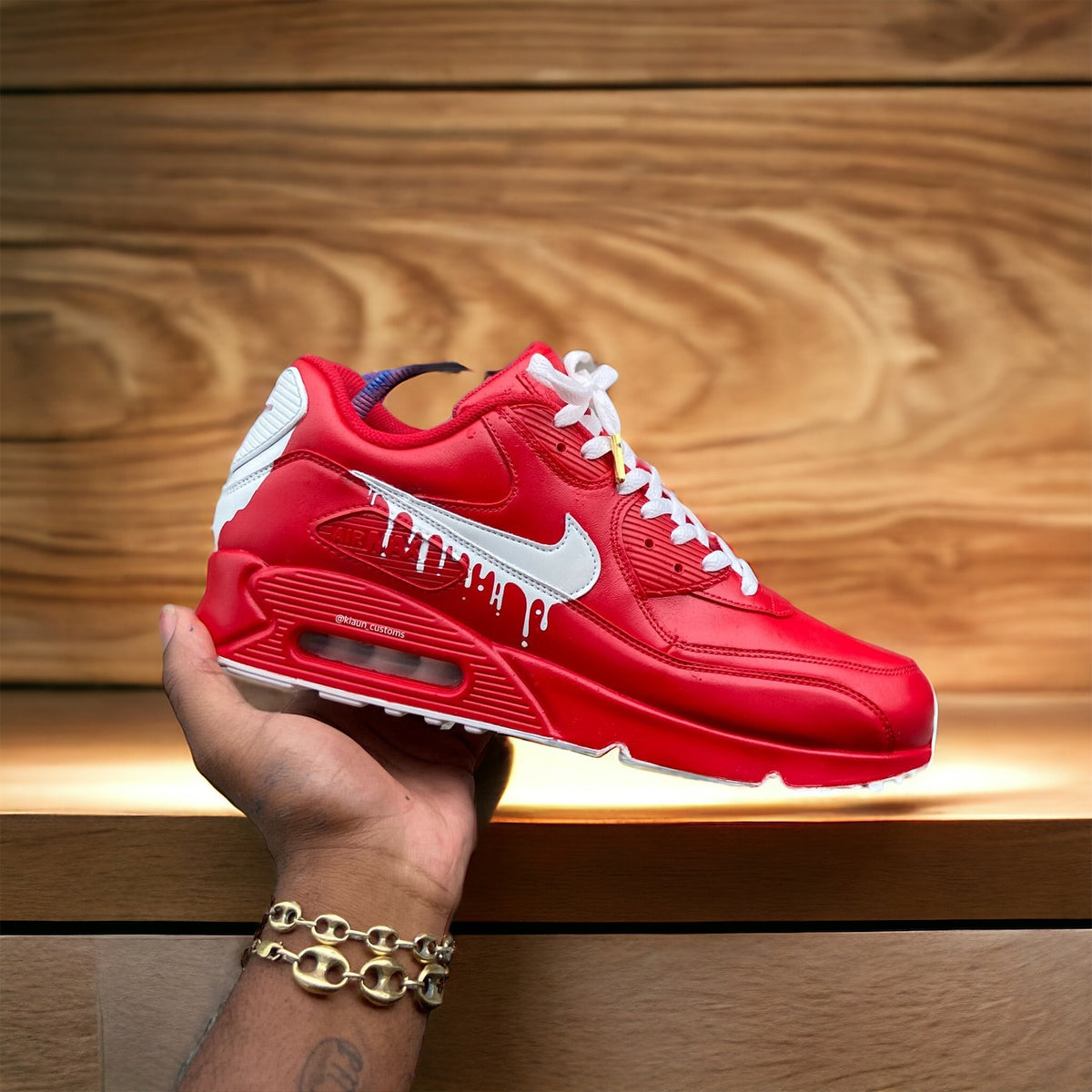 Custom Red and White Drip Airmax 90. - Kiaun's Customs LLC