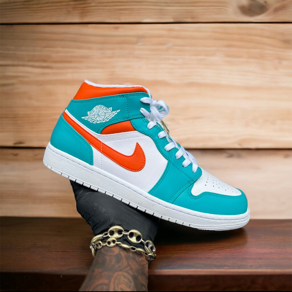 Custom Nike Air Jordan 1 Mid Miami Dolphins themed | Kiauns Customs LLC