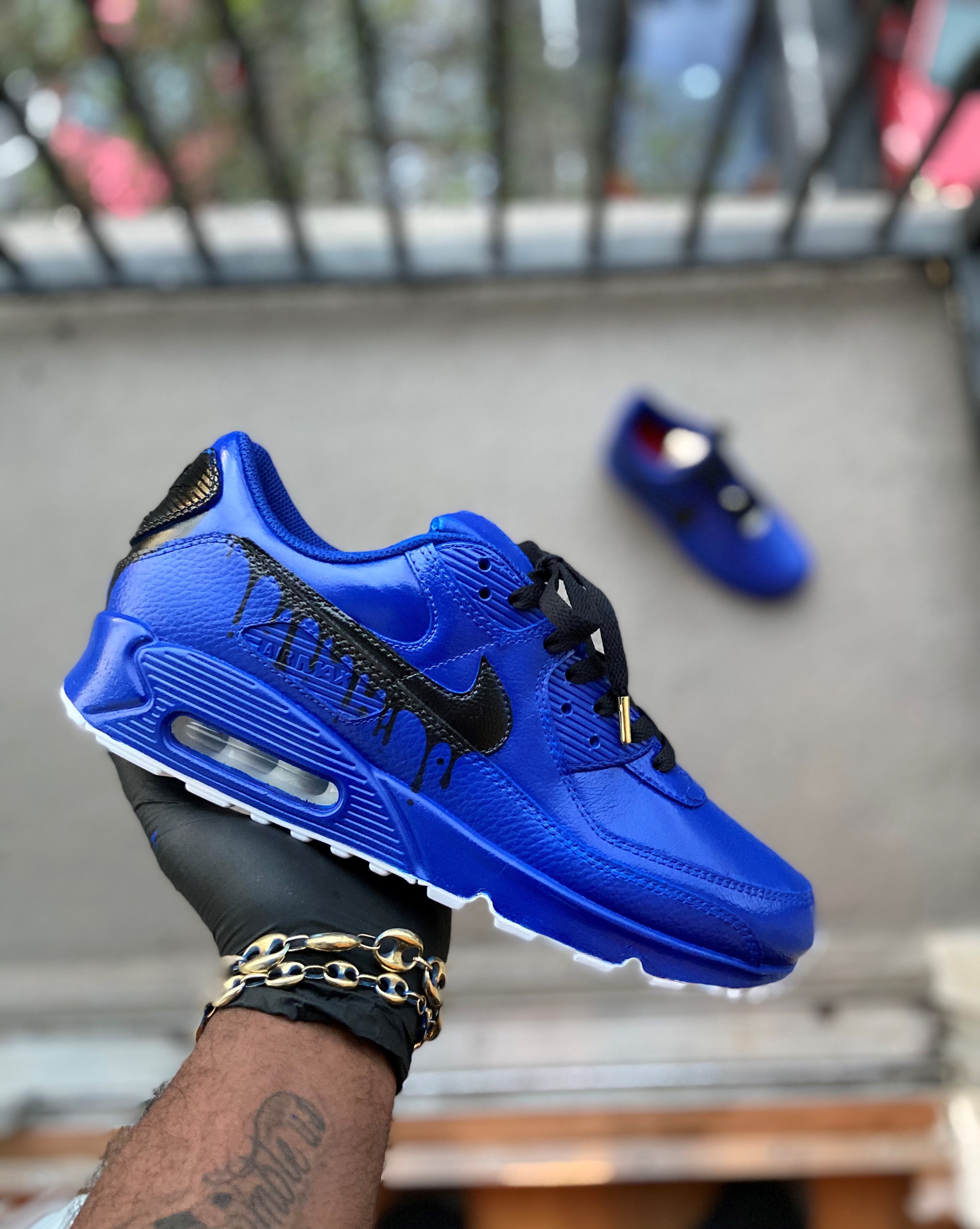 Custom Blue and Black Drip Airmax 90 Kiauns Customs LLC